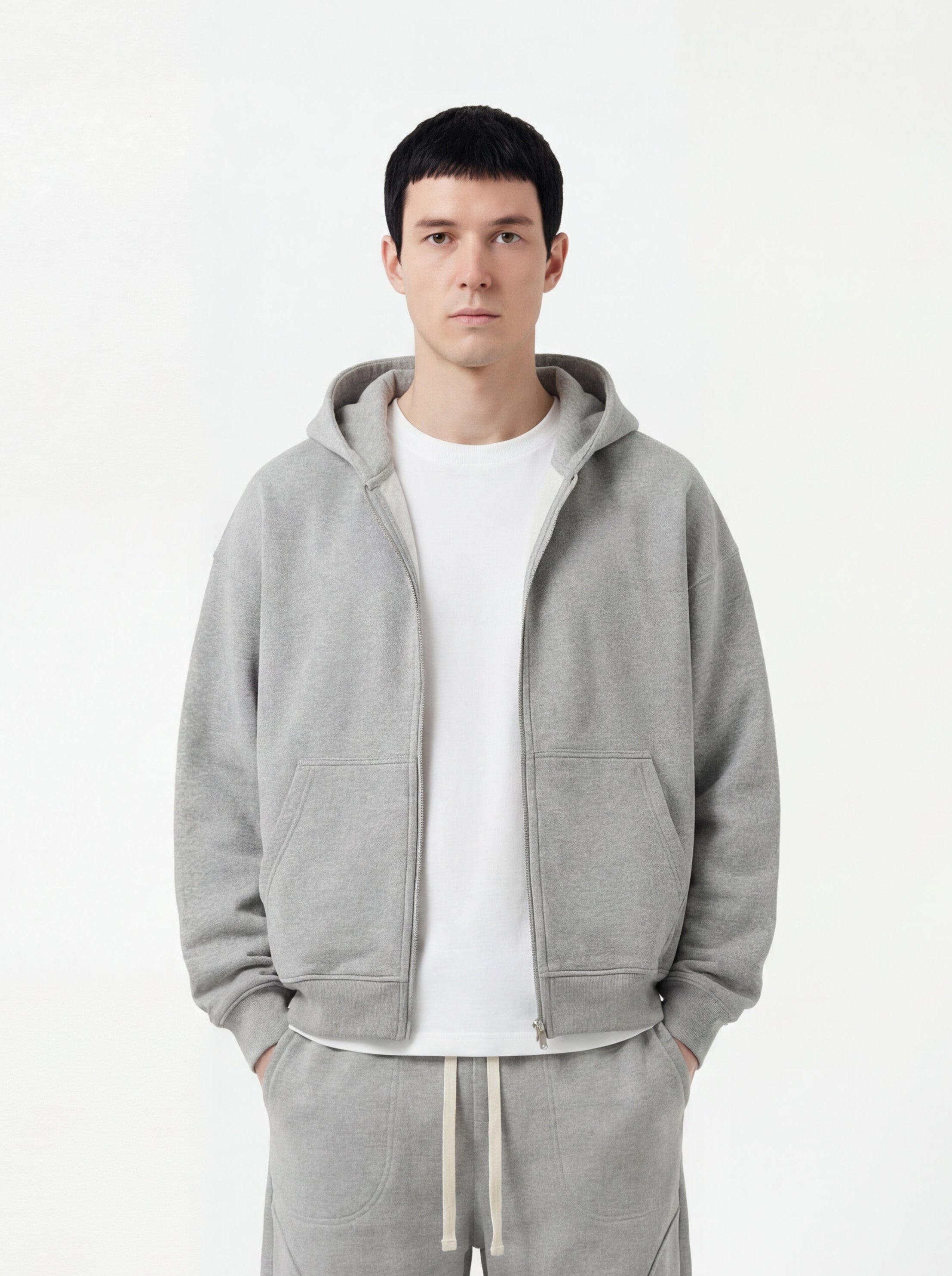Boxy Zip-Up Hoodie in Heather Grey