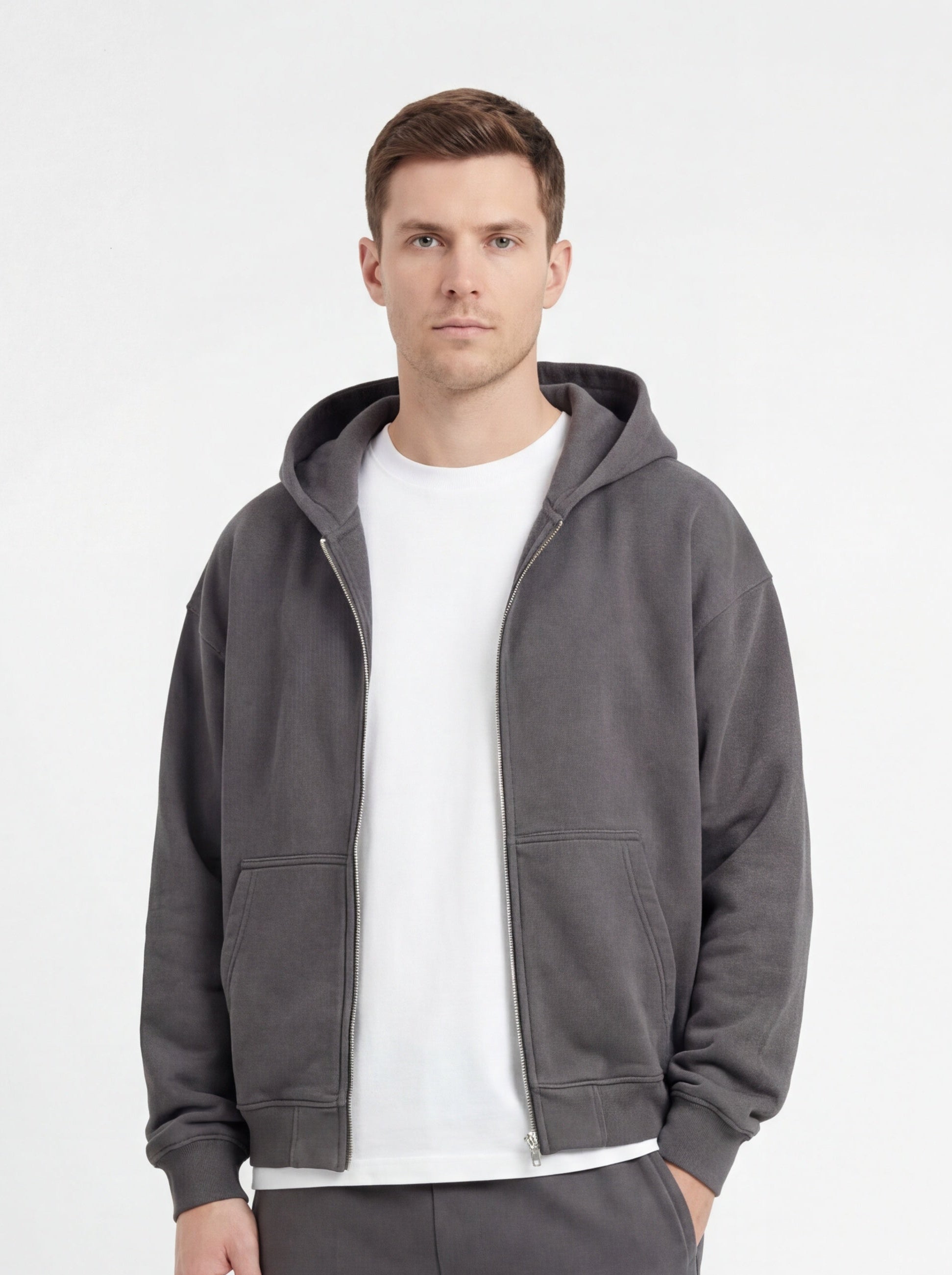 Boxy Zip-Up Hoodie in Charcoal Grey