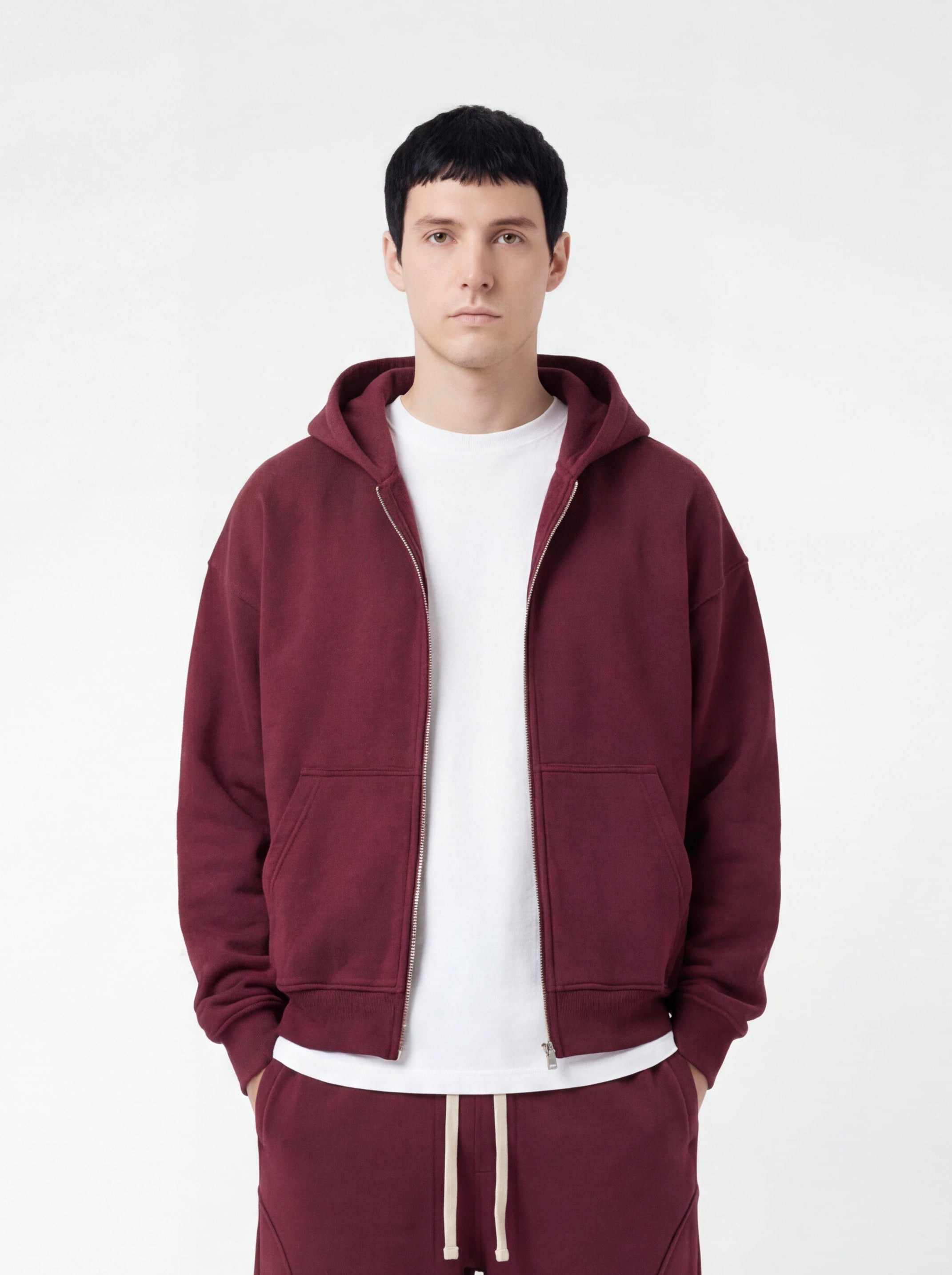 Boxy Zip-Up Hoodie in Burgundy