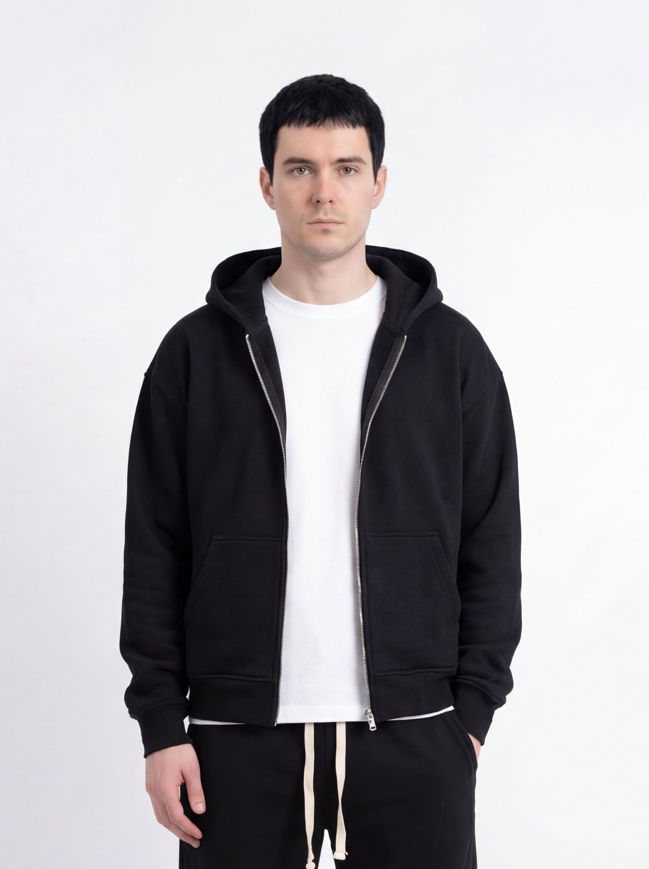 Boxy Zip-Up Hoodie in Black